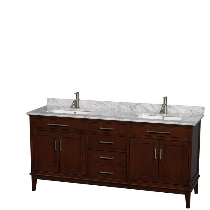Wyndham Collection Vanity Wyndham Collection WCV161672DCDCMUNSMXX Hatton 72 Inch Double Bathroom Vanity in Dark Chestnut, White Carrara Marble Countertop, Undermount Square Sinks, and No Mirror