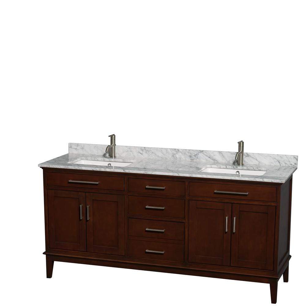 Wyndham Collection Vanity Wyndham Collection WCV161672DCDCMUNSMXX Hatton 72 Inch Double Bathroom Vanity in Dark Chestnut, White Carrara Marble Countertop, Undermount Square Sinks, and No Mirror