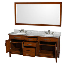 Load image into Gallery viewer, Wyndham Collection Vanity Wyndham Collection WCV161672DCLCMUNRM70 Hatton 72 Inch Double Bathroom Vanity in Light Chestnut, White Carrara Marble Countertop, Undermount Oval Sinks, and 70 Inch Mirror