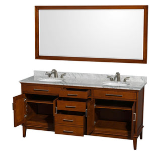 Wyndham Collection Vanity Wyndham Collection WCV161672DCLCMUNRM70 Hatton 72 Inch Double Bathroom Vanity in Light Chestnut, White Carrara Marble Countertop, Undermount Oval Sinks, and 70 Inch Mirror