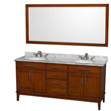 Load image into Gallery viewer, Wyndham Collection Vanity Wyndham Collection WCV161672DCLCMUNRM70 Hatton 72 Inch Double Bathroom Vanity in Light Chestnut, White Carrara Marble Countertop, Undermount Oval Sinks, and 70 Inch Mirror