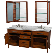 Load image into Gallery viewer, Wyndham Collection Vanity Wyndham Collection WCV161672DCLCMUNRMED Hatton 72 Inch Double Bathroom Vanity in Light Chestnut, White Carrara Marble Countertop, Undermount Oval Sinks, and Medicine Cabinets