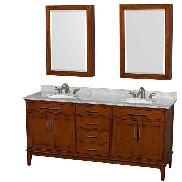 Wyndham Collection Vanity Wyndham Collection WCV161672DCLCMUNRMED Hatton 72 Inch Double Bathroom Vanity in Light Chestnut, White Carrara Marble Countertop, Undermount Oval Sinks, and Medicine Cabinets