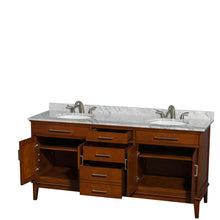 Load image into Gallery viewer, Wyndham Collection Vanity Wyndham Collection WCV161672DCLCMUNRMXX Hatton 72 Inch Double Bathroom Vanity in Light Chestnut, White Carrara Marble Countertop, Undermount Oval Sinks, and No Mirror