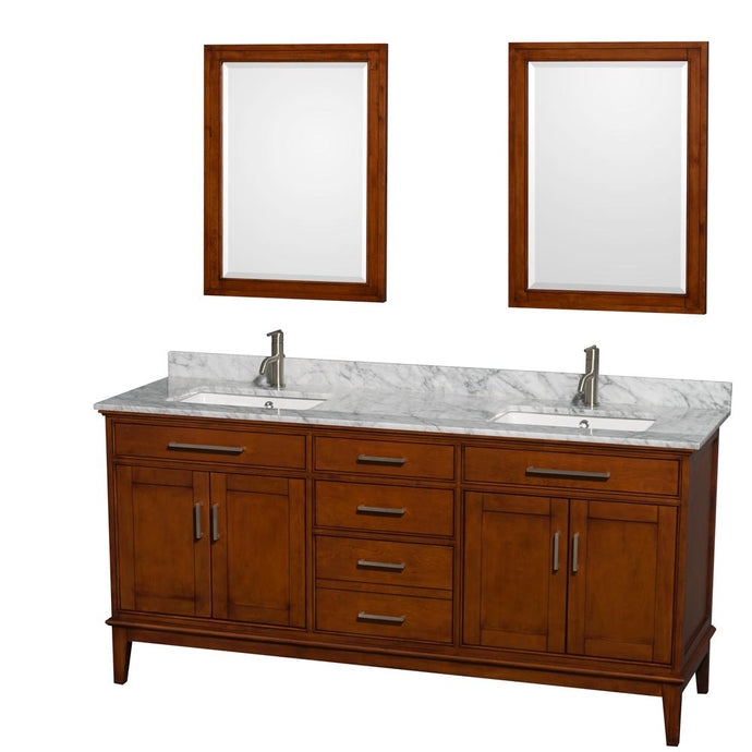 Wyndham Collection Vanity Wyndham Collection WCV161672DCLCMUNSM24 Hatton 72 Inch Double Bathroom Vanity in Light Chestnut, White Carrara Marble Countertop, Undermount Square Sinks, and 24 Inch Mirrors