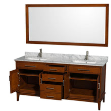 Load image into Gallery viewer, Wyndham Collection Vanity Wyndham Collection WCV161672DCLCMUNSM70 Hatton 72 Inch Double Bathroom Vanity in Light Chestnut, White Carrara Marble Countertop, Undermount Square Sinks, and 70 Inch Mirror