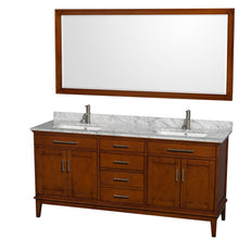 Load image into Gallery viewer, Wyndham Collection Vanity Wyndham Collection WCV161672DCLCMUNSM70 Hatton 72 Inch Double Bathroom Vanity in Light Chestnut, White Carrara Marble Countertop, Undermount Square Sinks, and 70 Inch Mirror