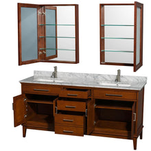 Load image into Gallery viewer, Wyndham Collection Vanity Wyndham Collection WCV161672DCLCMUNSMED Hatton 72 Inch Double Bathroom Vanity in Light Chestnut, White Carrara Marble Countertop, Undermount Square Sinks, and Medicine Cabinets