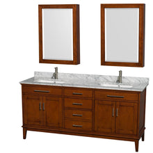 Load image into Gallery viewer, Wyndham Collection Vanity Wyndham Collection WCV161672DCLCMUNSMED Hatton 72 Inch Double Bathroom Vanity in Light Chestnut, White Carrara Marble Countertop, Undermount Square Sinks, and Medicine Cabinets