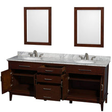 Load image into Gallery viewer, Wyndham Collection Vanity Wyndham Collection WCV161680DCDCMUNRM24 Hatton 80 Inch Double Bathroom Vanity in Dark Chestnut, White Carrara Marble Countertop, Undermount Oval Sinks, and 24 Inch Mirrors