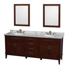 Load image into Gallery viewer, Wyndham Collection Vanity Wyndham Collection WCV161680DCDCMUNRM24 Hatton 80 Inch Double Bathroom Vanity in Dark Chestnut, White Carrara Marble Countertop, Undermount Oval Sinks, and 24 Inch Mirrors