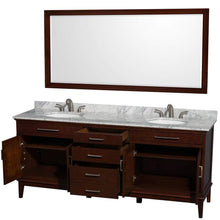 Load image into Gallery viewer, Wyndham Collection Vanity Wyndham Collection WCV161680DCDCMUNRM70 Hatton 80 Inch Double Bathroom Vanity in Dark Chestnut, White Carrara Marble Countertop, Undermount Oval Sinks, and 70 Inch Mirror