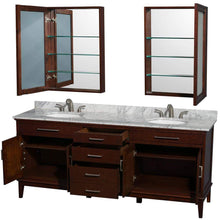 Load image into Gallery viewer, Wyndham Collection Vanity Wyndham Collection WCV161680DCDCMUNRMED Hatton 80 Inch Double Bathroom Vanity in Dark Chestnut, White Carrara Marble Countertop, Undermount Oval Sinks, and Medicine Cabinets