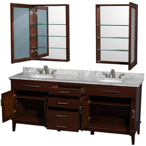 Wyndham Collection Vanity Wyndham Collection WCV161680DCDCMUNRMED Hatton 80 Inch Double Bathroom Vanity in Dark Chestnut, White Carrara Marble Countertop, Undermount Oval Sinks, and Medicine Cabinets