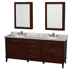 Load image into Gallery viewer, Wyndham Collection Vanity Wyndham Collection WCV161680DCDCMUNRMED Hatton 80 Inch Double Bathroom Vanity in Dark Chestnut, White Carrara Marble Countertop, Undermount Oval Sinks, and Medicine Cabinets