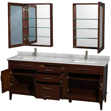 Load image into Gallery viewer, Wyndham Collection Vanity Wyndham Collection WCV161680DCDCMUNSMED Hatton 80 Inch Double Bathroom Vanity in Dark Chestnut, White Carrara Marble Countertop, Undermount Square Sinks, and Medicine Cabinets