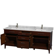 Load image into Gallery viewer, Wyndham Collection Vanity Wyndham Collection WCV161680DCDCMUNSMXX Hatton 80 Inch Double Bathroom Vanity in Dark Chestnut, White Carrara Marble Countertop, Undermount Square Sinks, and No Mirror