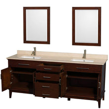 Load image into Gallery viewer, Wyndham Collection Vanity Wyndham Collection WCV161680DCDIVUNSM24 Hatton 80 Inch Double Bathroom Vanity in Dark Chestnut, Ivory Marble Countertop, Undermount Square Sinks, and 24 Inch Mirrors