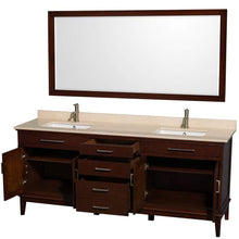 Load image into Gallery viewer, Wyndham Collection Vanity Wyndham Collection WCV161680DCDIVUNSM70 Hatton 80 Inch Double Bathroom Vanity in Dark Chestnut, Ivory Marble Countertop, Undermount Square Sinks, and 70 Inch Mirror