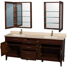 Load image into Gallery viewer, Wyndham Collection Vanity Wyndham Collection WCV161680DCDIVUNSMED Hatton 80 Inch Double Bathroom Vanity in Dark Chestnut, Ivory Marble Countertop, Undermount Square Sinks, and Medicine Cabinets