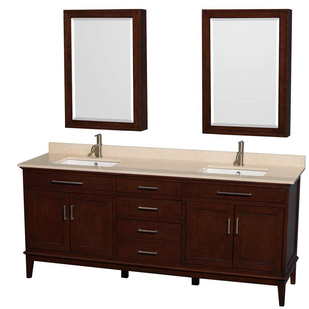 Wyndham Collection Vanity Wyndham Collection WCV161680DCDIVUNSMED Hatton 80 Inch Double Bathroom Vanity in Dark Chestnut, Ivory Marble Countertop, Undermount Square Sinks, and Medicine Cabinets