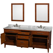 Load image into Gallery viewer, Wyndham Collection Vanity Wyndham Collection WCV161680DCLCMUNRM24 Hatton 80 Inch Double Bathroom Vanity in Light Chestnut, White Carrara Marble Countertop, Undermount Oval Sinks, and 24 Inch Mirrors