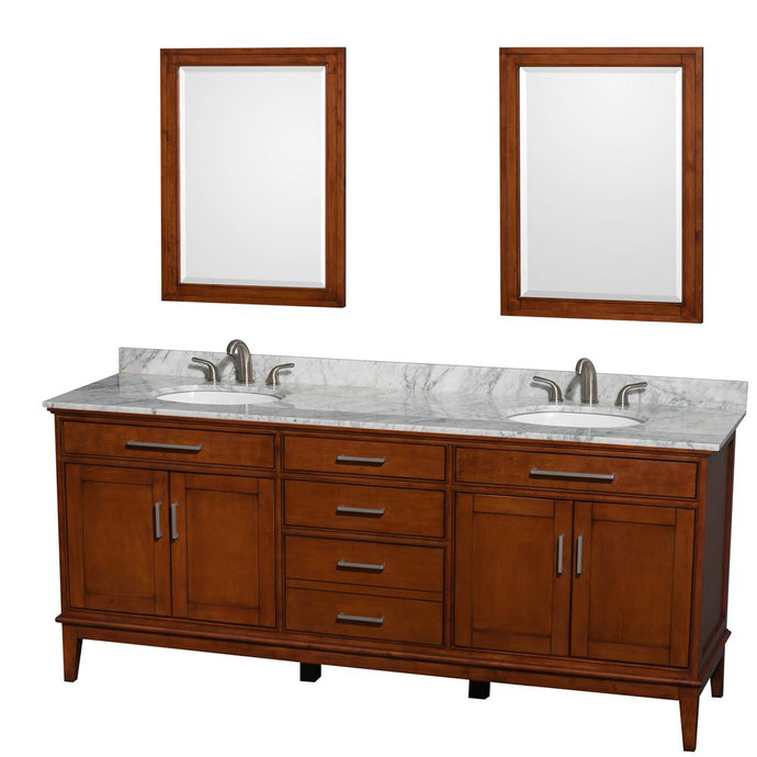 Wyndham Collection Vanity Wyndham Collection WCV161680DCLCMUNRM24 Hatton 80 Inch Double Bathroom Vanity in Light Chestnut, White Carrara Marble Countertop, Undermount Oval Sinks, and 24 Inch Mirrors