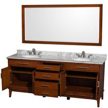 Load image into Gallery viewer, Wyndham Collection Vanity Wyndham Collection WCV161680DCLCMUNRM70 Hatton 80 Inch Double Bathroom Vanity in Light Chestnut, White Carrara Marble Countertop, Undermount Oval Sinks, and 70 Inch Mirror