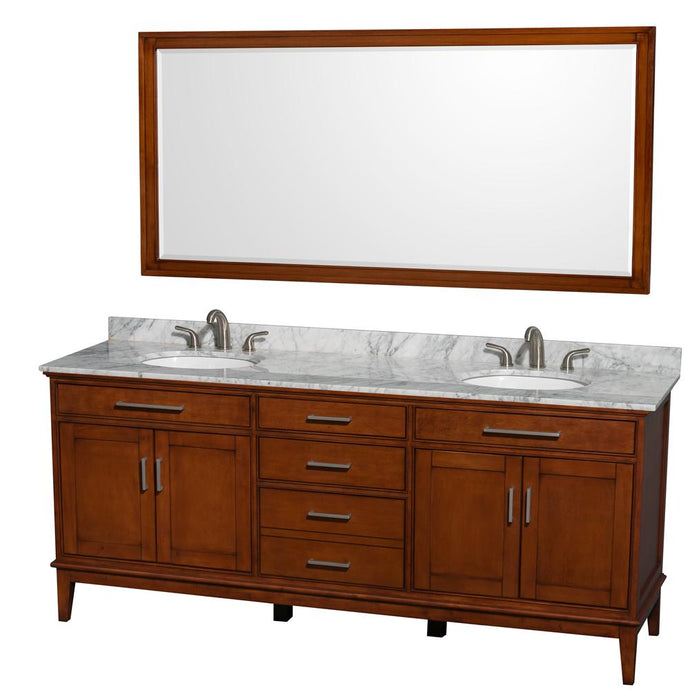 Wyndham Collection Vanity Wyndham Collection WCV161680DCLCMUNRM70 Hatton 80 Inch Double Bathroom Vanity in Light Chestnut, White Carrara Marble Countertop, Undermount Oval Sinks, and 70 Inch Mirror