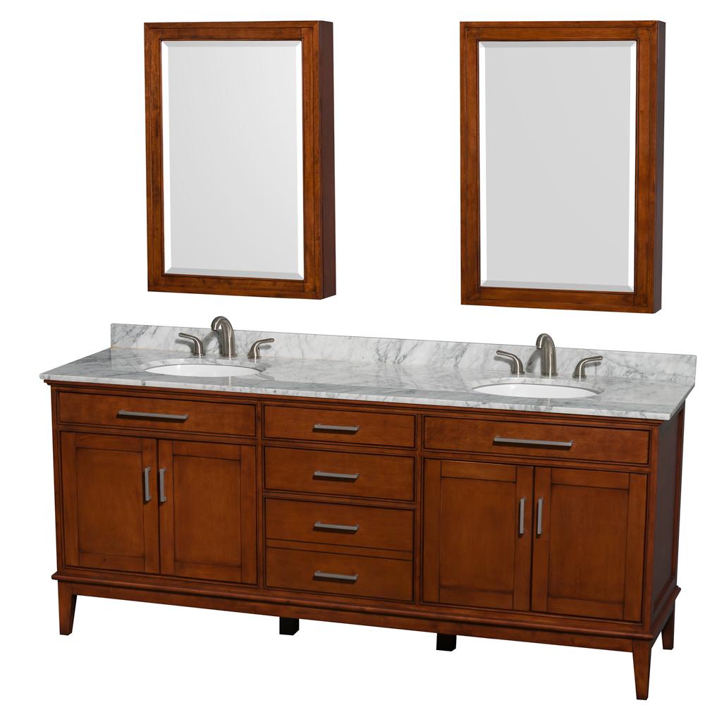 Wyndham Collection Vanity Wyndham Collection WCV161680DCLCMUNRMED Hatton 80 Inch Double Bathroom Vanity in Light Chestnut, White Carrara Marble Countertop, Undermount Oval Sinks, and Medicine Cabinets