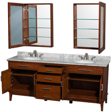 Load image into Gallery viewer, Wyndham Collection Vanity Wyndham Collection WCV161680DCLCMUNRMED Hatton 80 Inch Double Bathroom Vanity in Light Chestnut, White Carrara Marble Countertop, Undermount Oval Sinks, and Medicine Cabinets