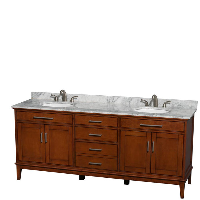 Wyndham Collection Vanity Wyndham Collection WCV161680DCLCMUNRMXX Hatton 80 Inch Double Bathroom Vanity in Light Chestnut, White Carrara Marble Countertop, Undermount Oval Sinks, and No Mirror