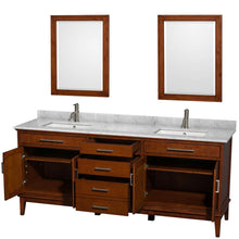 Load image into Gallery viewer, Wyndham Collection Vanity Wyndham Collection WCV161680DCLCMUNSM24 Hatton 80 Inch Double Bathroom Vanity in Light Chestnut, White Carrara Marble Countertop, Undermount Square Sinks, and 24 Inch Mirrors