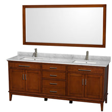 Load image into Gallery viewer, Wyndham Collection Vanity Wyndham Collection WCV161680DCLCMUNSM70 Hatton 80 Inch Double Bathroom Vanity in Light Chestnut, White Carrara Marble Countertop, Undermount Square Sinks, and 70 Inch Mirror