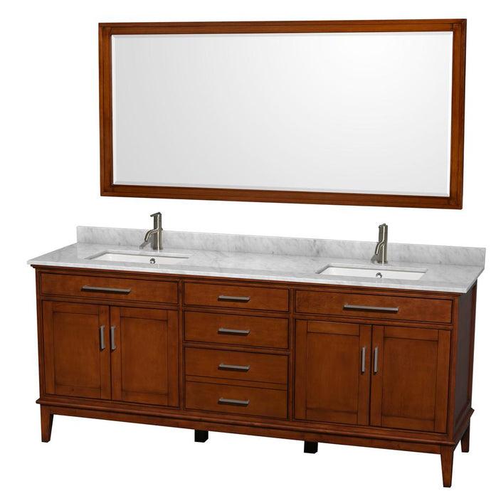 Wyndham Collection Vanity Wyndham Collection WCV161680DCLCMUNSM70 Hatton 80 Inch Double Bathroom Vanity in Light Chestnut, White Carrara Marble Countertop, Undermount Square Sinks, and 70 Inch Mirror