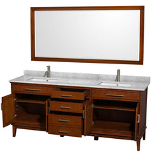 Load image into Gallery viewer, Wyndham Collection Vanity Wyndham Collection WCV161680DCLCMUNSM70 Hatton 80 Inch Double Bathroom Vanity in Light Chestnut, White Carrara Marble Countertop, Undermount Square Sinks, and 70 Inch Mirror