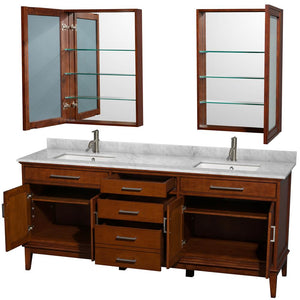 Wyndham Collection Vanity Wyndham Collection WCV161680DCLCMUNSMED Hatton 80 Inch Double Bathroom Vanity in Light Chestnut, White Carrara Marble Countertop, Undermount Square Sinks, and Medicine Cabinets