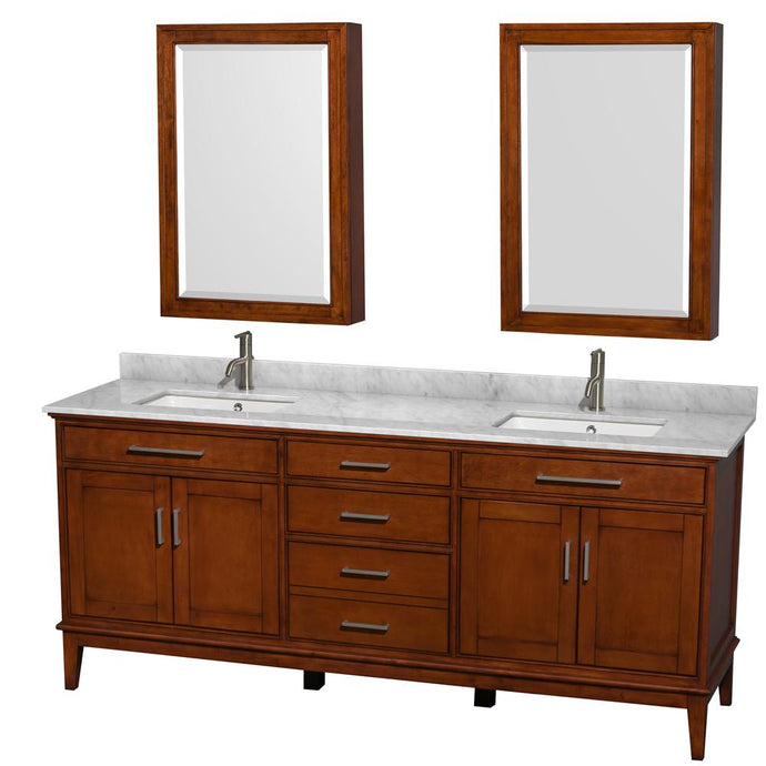 Wyndham Collection Vanity Wyndham Collection WCV161680DCLCMUNSMED Hatton 80 Inch Double Bathroom Vanity in Light Chestnut, White Carrara Marble Countertop, Undermount Square Sinks, and Medicine Cabinets