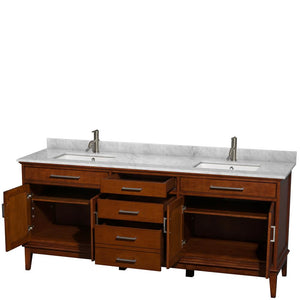 Wyndham Collection Vanity Wyndham Collection WCV161680DCLCMUNSMXX Hatton 80 Inch Double Bathroom Vanity in Light Chestnut, White Carrara Marble Countertop, Undermount Square Sinks, and No Mirror