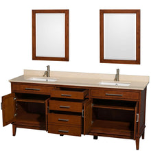Load image into Gallery viewer, Wyndham Collection Vanity Wyndham Collection WCV161680DCLIVUNSM24 Hatton 80 Inch Double Bathroom Vanity in Light Chestnut, Ivory Marble Countertop, Undermount Square Sinks, and 24 Inch Mirrors