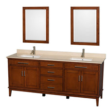 Load image into Gallery viewer, Wyndham Collection Vanity Wyndham Collection WCV161680DCLIVUNSM24 Hatton 80 Inch Double Bathroom Vanity in Light Chestnut, Ivory Marble Countertop, Undermount Square Sinks, and 24 Inch Mirrors