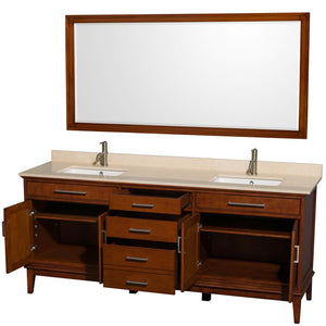 Wyndham Collection Vanity Wyndham Collection WCV161680DCLIVUNSM70 Hatton 80 Inch Double Bathroom Vanity in Light Chestnut, Ivory Marble Countertop, Undermount Square Sinks, and 70 Inch Mirror