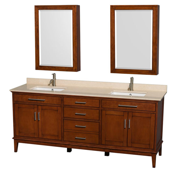 Wyndham Collection Vanity Wyndham Collection WCV161680DCLIVUNSMED Hatton 80 Inch Double Bathroom Vanity in Light Chestnut, Ivory Marble Countertop, Undermount Square Sinks, and Medicine Cabinets