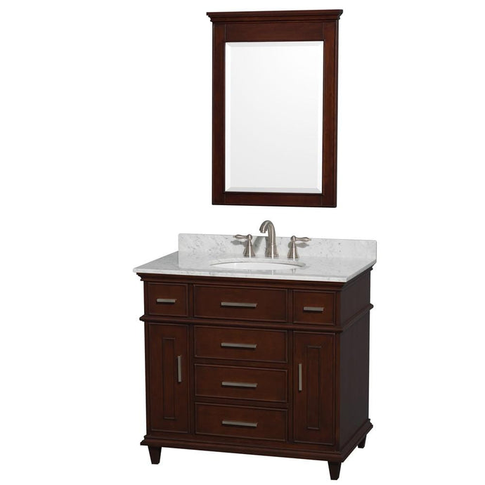 Wyndham Collection Vanity Wyndham Collection WCV171736SCDCMUNRM24 Berkeley 36 Inch Single Bathroom Vanity in Dark Chestnut with White Carrara Marble Top with White Undermount Oval Sink and 24 Inch Mirror