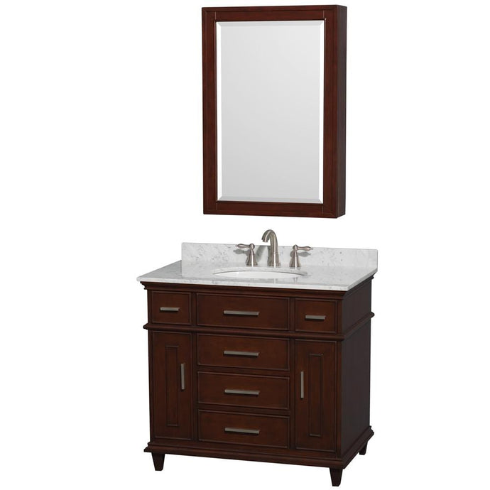 Wyndham Collection Vanity Wyndham Collection WCV171736SCDCMUNRMED Berkeley 36 Inch Single Bathroom Vanity in Dark Chestnut, White Carrara Marble Countertop, Undermount Round Sink, 24 Inch Medicine Cabinet