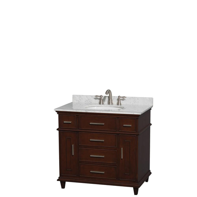 Wyndham Collection Vanity Wyndham Collection WCV171736SCDCMUNRMXX Berkeley 36 Inch Single Bathroom Vanity in Dark Chestnut with White Carrara Marble Top with White Undermount Oval Sink and No Mirror