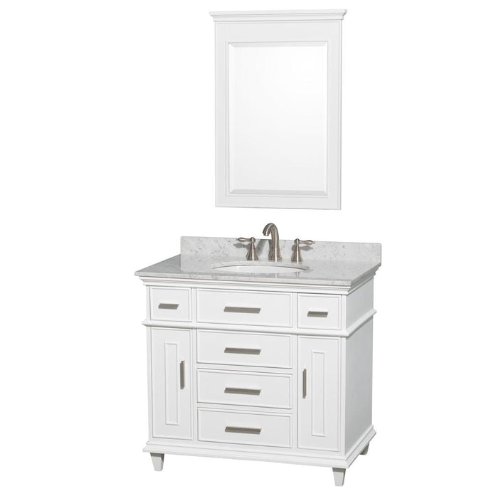 Wyndham Collection Vanity Wyndham Collection WCV171736SWHCMUNRM24 Berkeley 36 Inch Single Bathroom Vanity in White with White Carrara Marble Top with White Undermount Oval Sink and 24 Inch Mirror