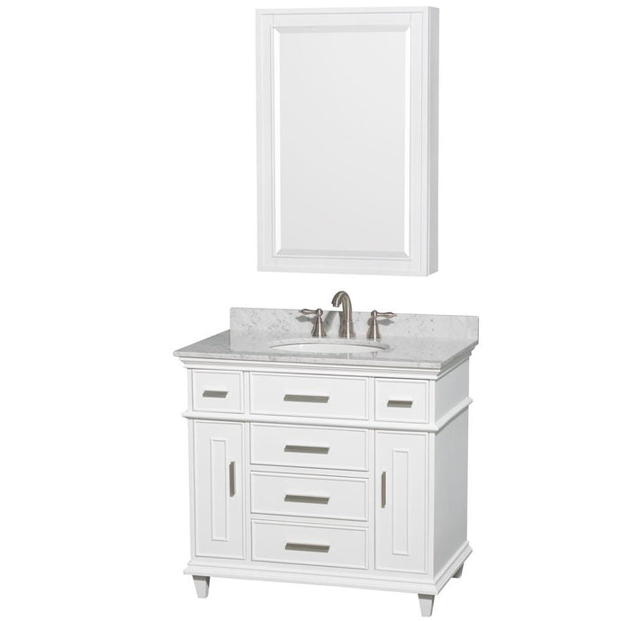 Wyndham Collection Vanity Wyndham Collection WCV171736SWHCMUNRMED Berkeley 36 Inch Single Bathroom Vanity in White, White Carrara Marble Countertop, Undermount Round Sink, 24 Inch Medicine Cabinet