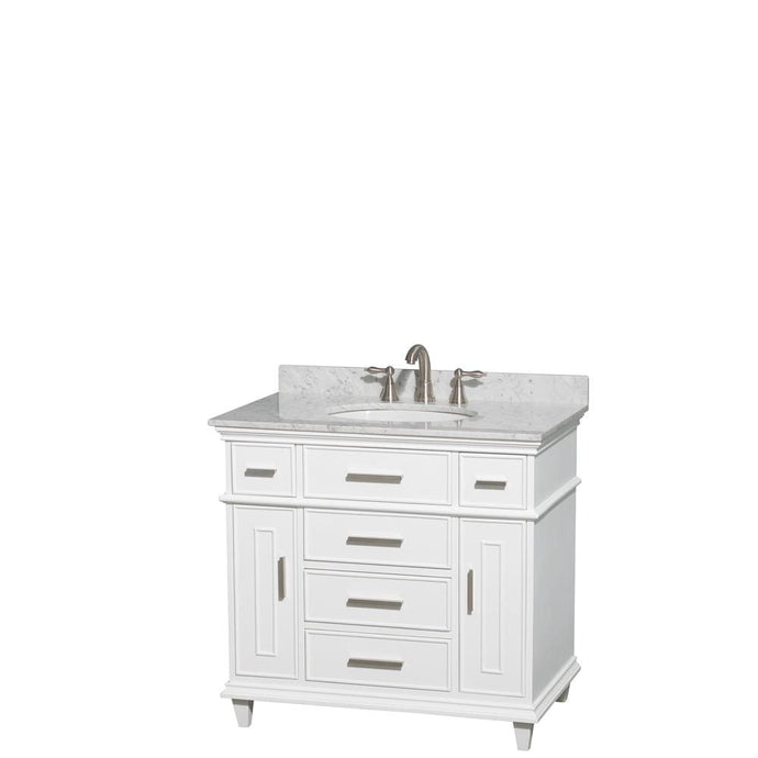 Wyndham Collection Vanity Wyndham Collection WCV171736SWHCMUNRMXX Berkeley 36 Inch Single Bathroom Vanity in White with White Carrara Marble Top with White Undermount Oval Sink and No Mirror