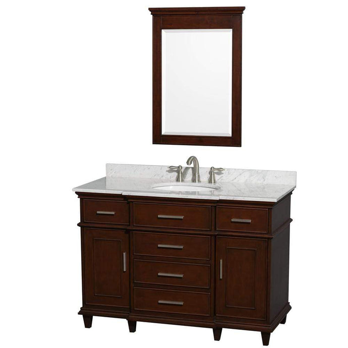 Wyndham Collection Vanity Wyndham Collection WCV171748SCDCMUNRM24 Berkeley 48 Inch Single Bathroom Vanity in Dark Chestnut with White Carrara Marble Top with White Undermount Oval Sink and 24 Inch Mirror